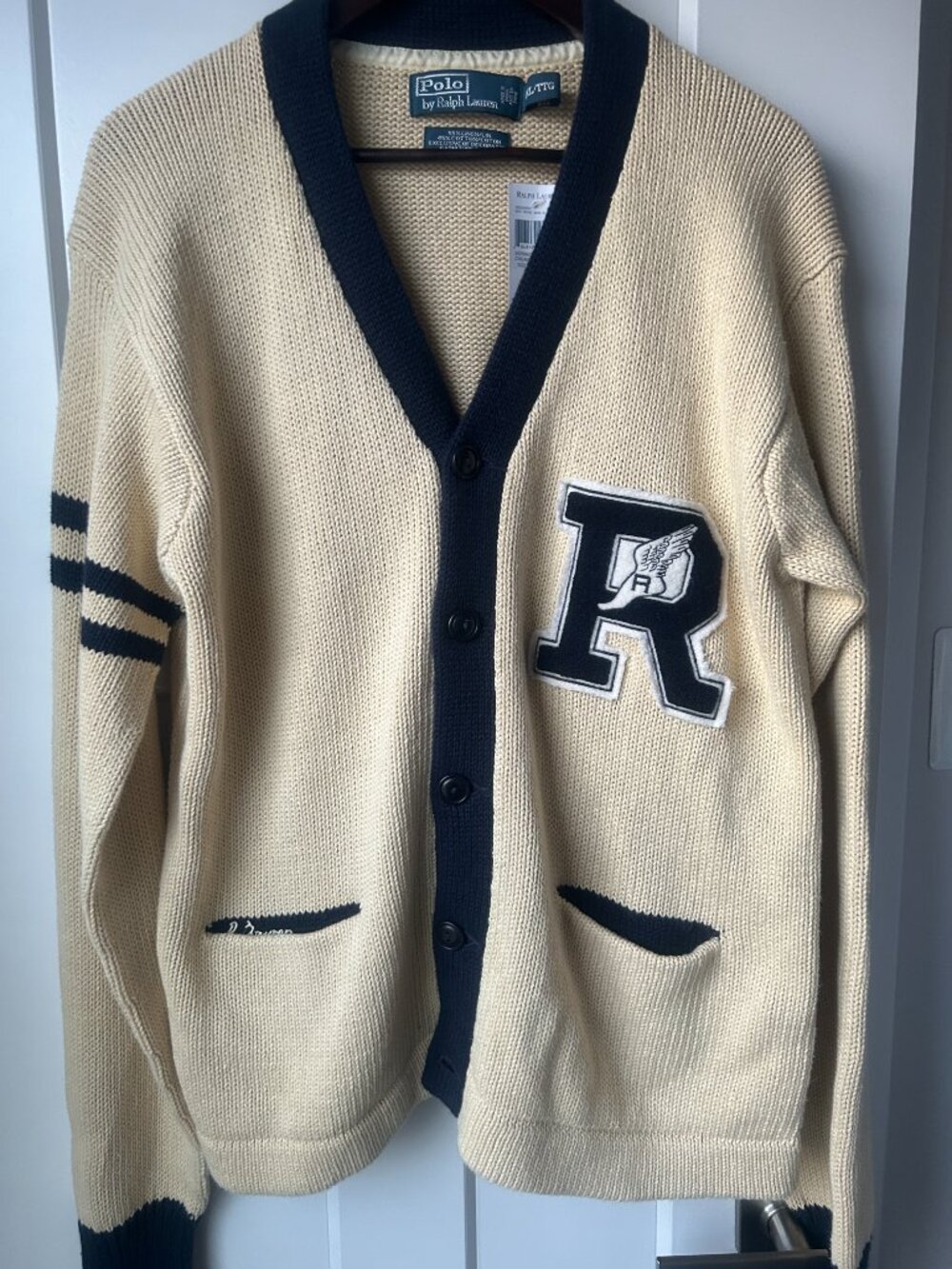 Polo Ralph Lauren XXL Cream Navy Varsity Cardigan Linen Cotton Letterman Sweater